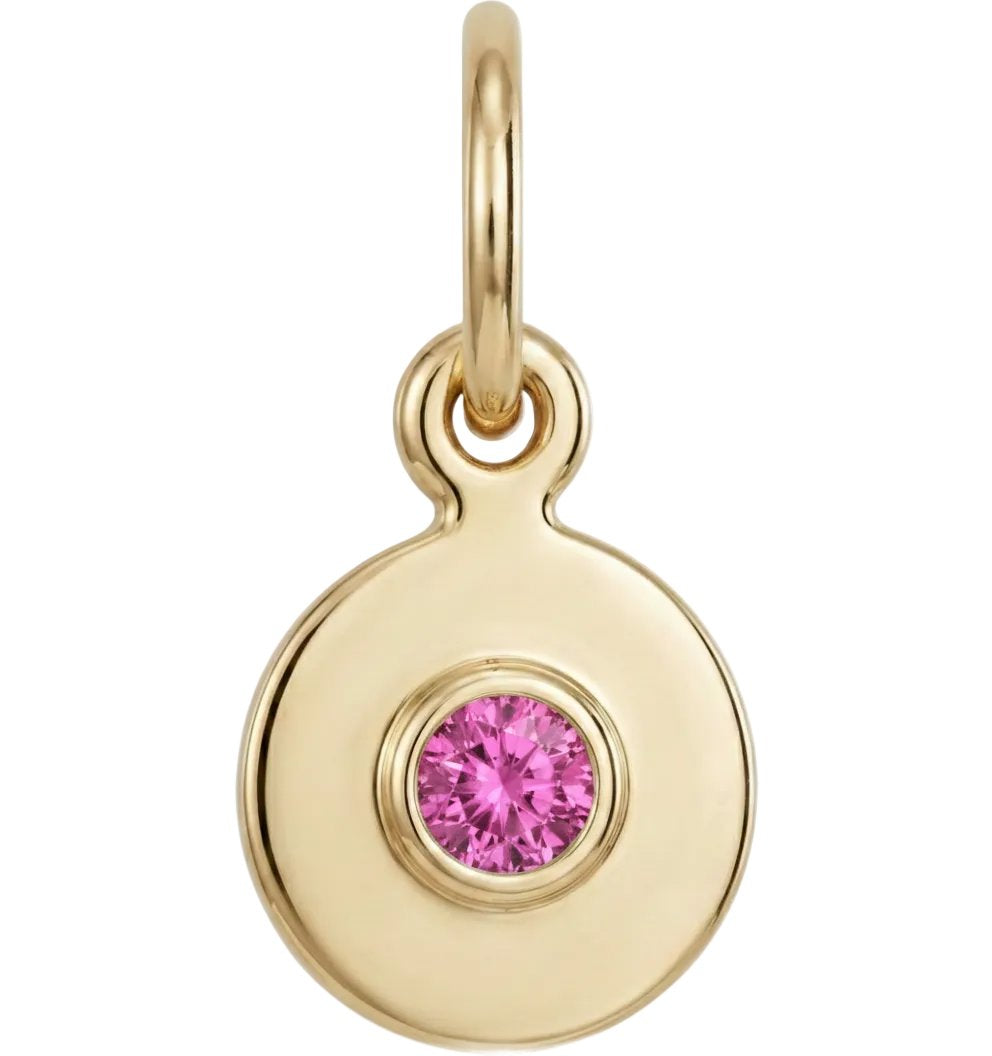 Solid 14k Gold Pink Tourmaline Disk Necklace Charm | October