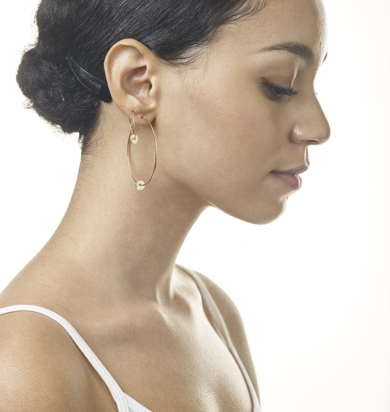 14K Gold Oval Hoop Earrings With Diamond Disk - Helen Ficalora