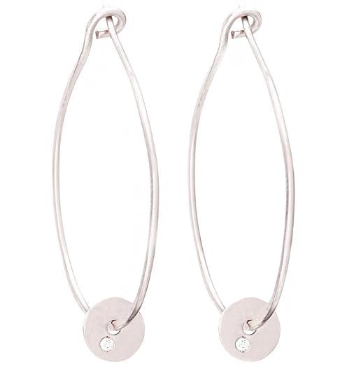 14K Gold Oval Hoop Earrings With Diamond Disk - Helen Ficalora