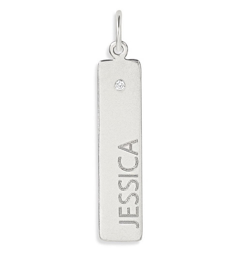 Bar Charm With Diamond Name Engraved In Letters For Necklaces And Bracelets 14k White Gold
