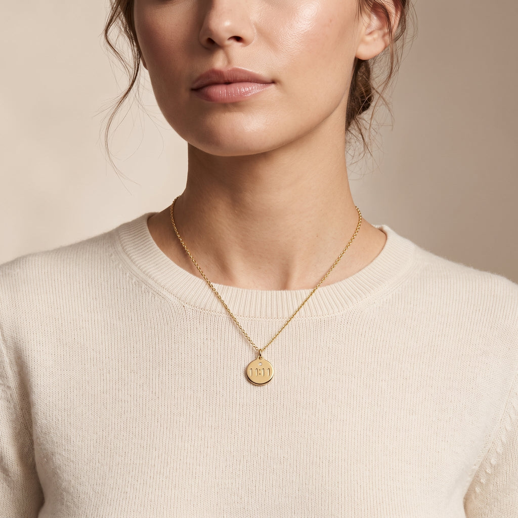 A close-up of a woman wearing a delicate gold chain necklace with a round gold pendant engraved with 11 11