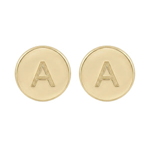 Gold earrings with 'A' initials on a white background