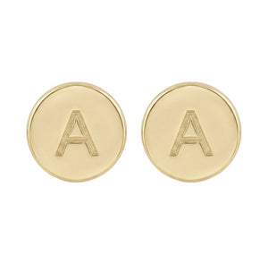 Gold earrings with 'A' initials on a white background
