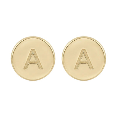 Gold earrings with 'A' initials on a white background