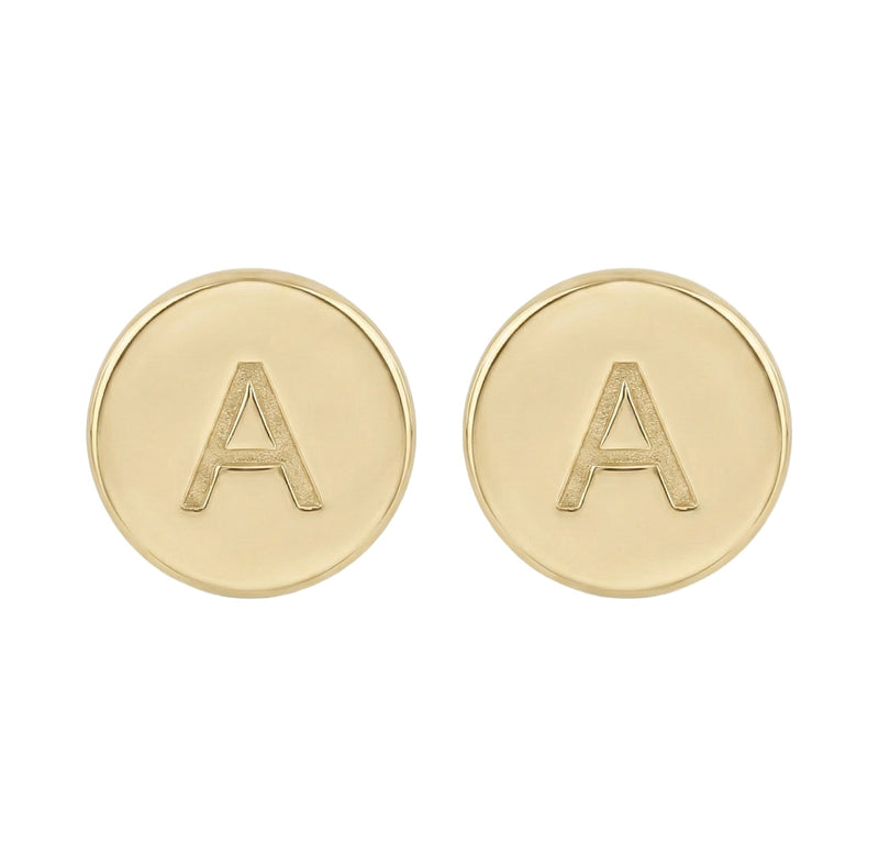 Gold earrings with 'A' initials on a white background