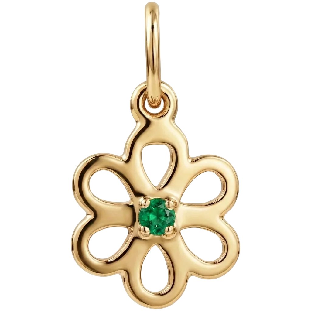 Gold four-leaf clover pendant with a green gemstone on a white background