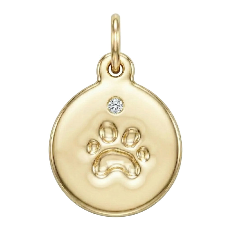 Gold pendant with paw print design and diamond on a white background