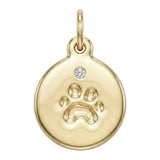 Gold pendant with paw print design and diamond on a white background