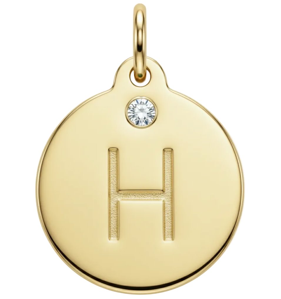 Gold pendant with letter 'H' and Diamond gemstone on a white background
