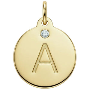 Gold pendant with letter 'A' and diamond gemstone on a white background
