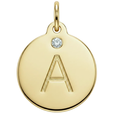 Gold pendant with letter 'A' and gemstone on a white background