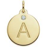 Gold pendant with letter 'A' and gemstone on a white background