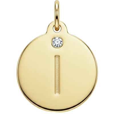 Gold pendant with a diamond and letter 'I' on a white background