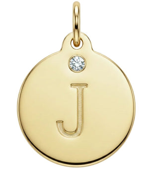 Gold pendant with letter 'J' and diamond gemstone on a white background