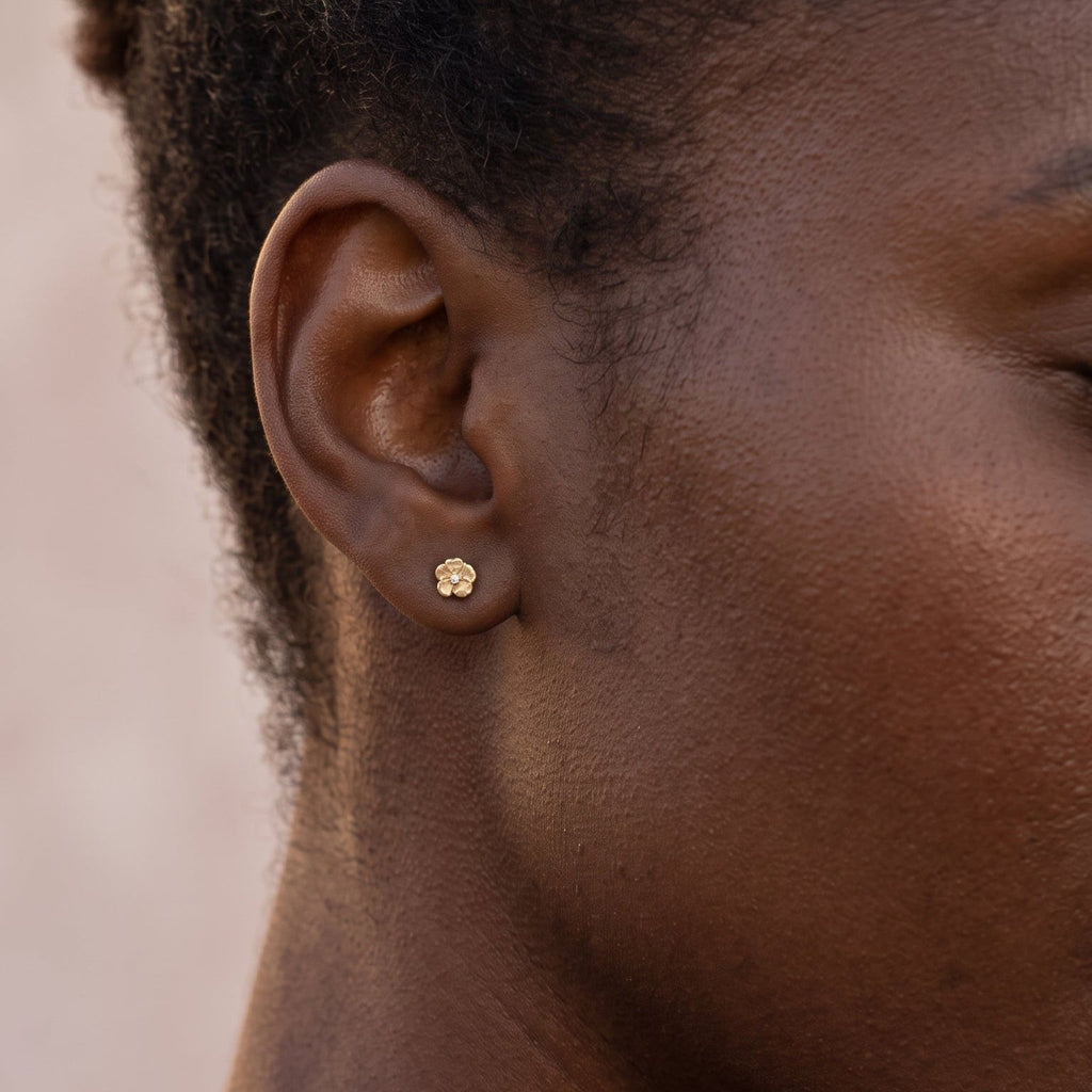 Cherry Blossom Stud Earrings On Model 14k Gold