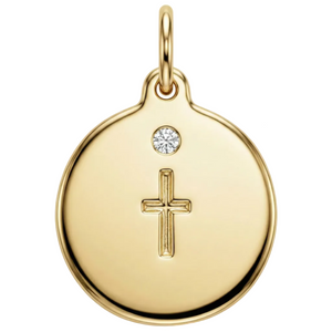Gold pendant with a cross and diamond on a white background