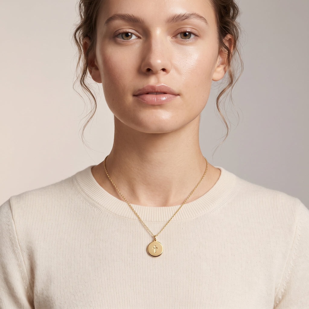 A close-up of a woman wearing a delicate gold chain necklace with a small round pendant featuring a cross, paired with a cream-colored crewneck sweater against a soft neutral background.