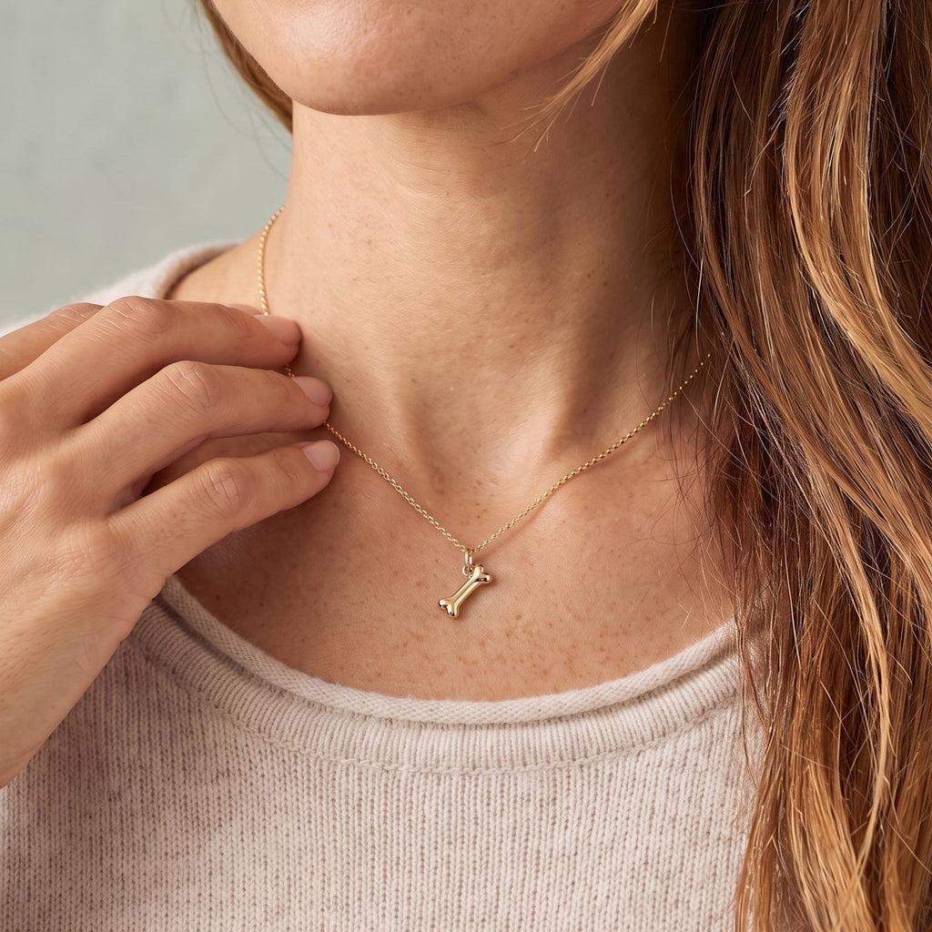 Dog Bone Mini Charm 14k Yellow Gold On Model