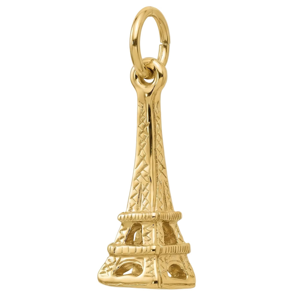 Gold Eiffel Tower charm on a white background