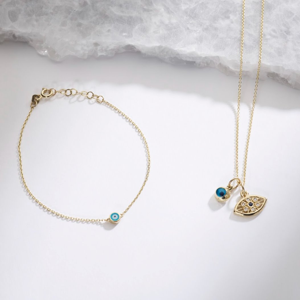 thumbnail image 2 of 14K Solid Gold Evil Eye Pendant With Murano Glass & 20" Figaro Chain – Alex And Elsa 2 of 6