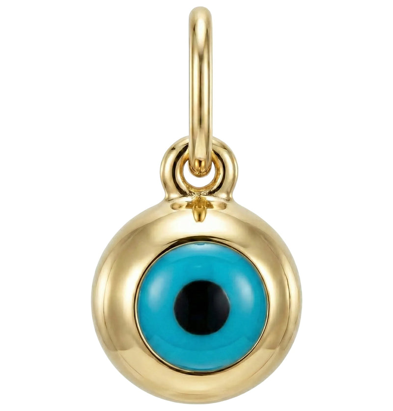 Gold pendant with a blue eye design on a white background
