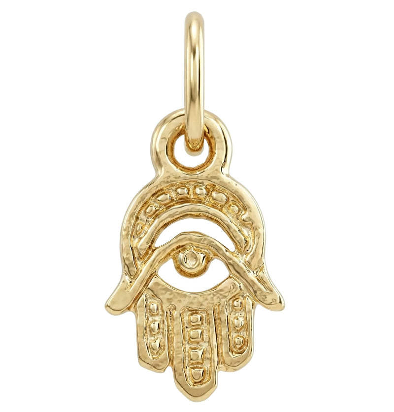 Gold Hamsa hand pendant on a white background