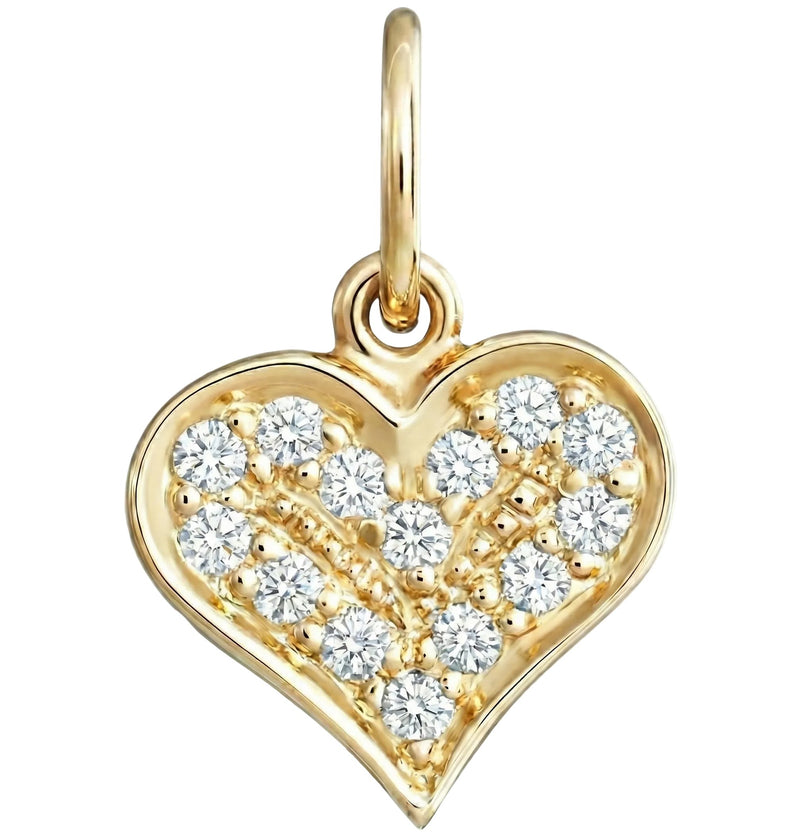 Gold heart-shaped pendant with embedded diamonds on a white background
