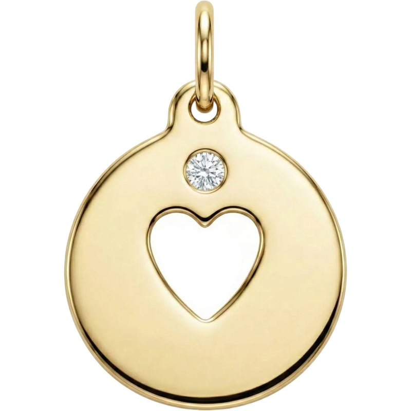 Gold pendant with a heart design and a small diamond on a white background