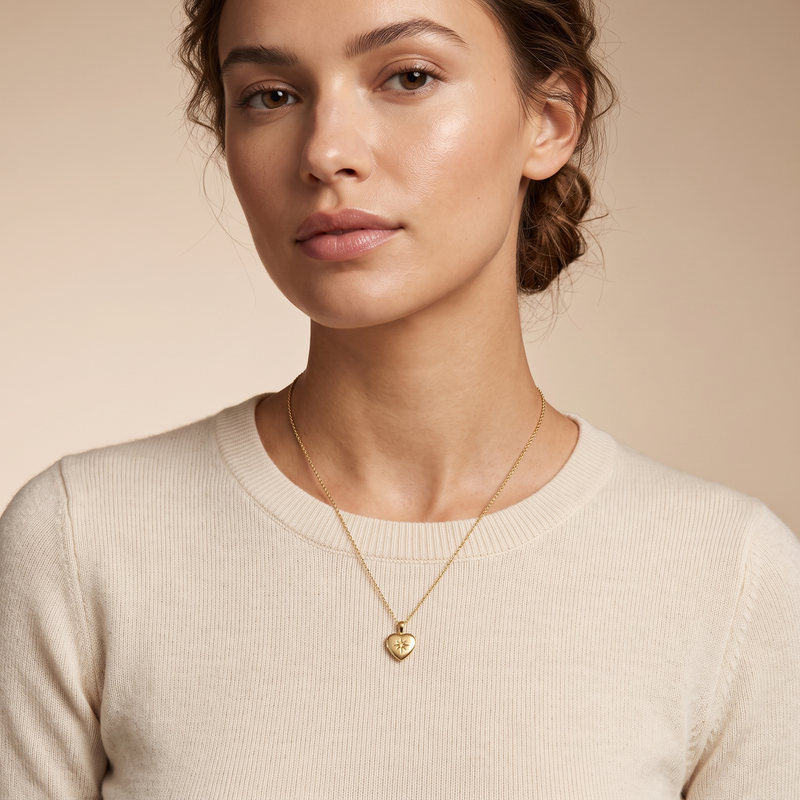 Heart Pendant On Model's Necklace Chain