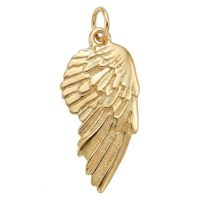 Large angel wing charm in solid 14k gold on a white background.