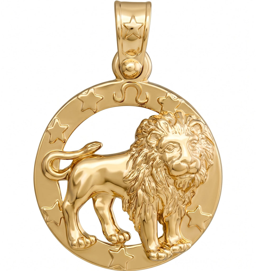 A gold pendant featuring a detailed lion design within a circular frame decorated with stars and zodiac symbols, shown on a plain white background.