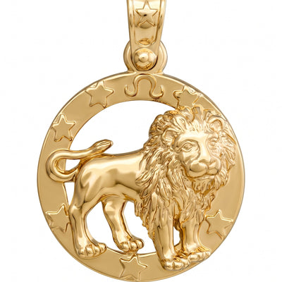 A gold pendant featuring a detailed lion design within a circular frame decorated with stars and zodiac symbols, shown on a plain white background.