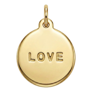 Gold pendant with 'LOVE' engraving on a white background