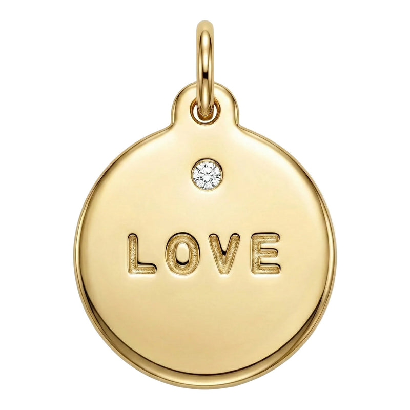 Gold pendant with 'LOVE' engraving and a diamond on a white background