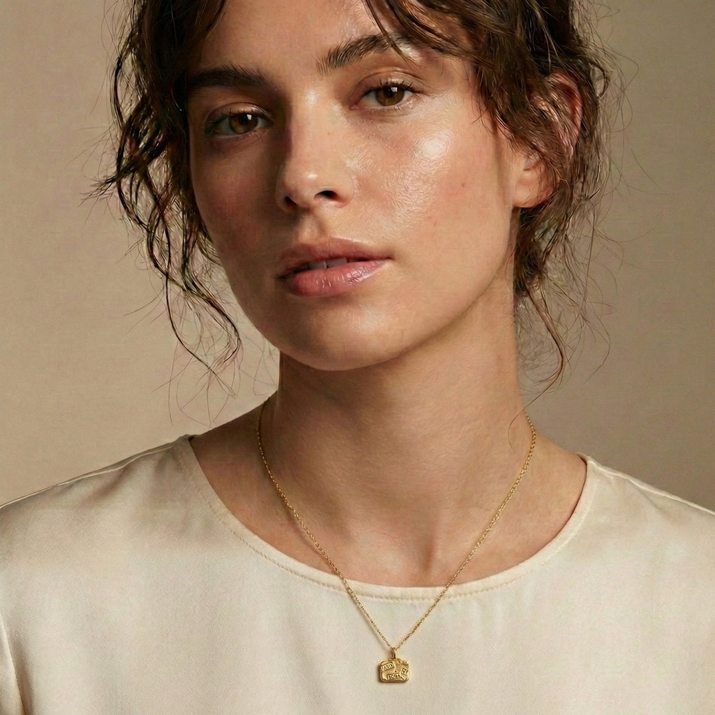 Woman wearing a gold necklace with a pendant against a neutral background