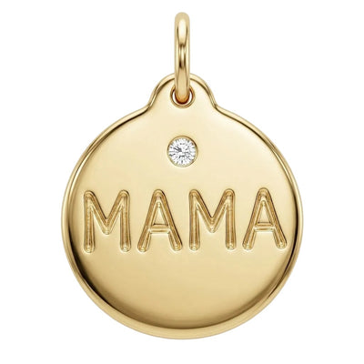 Gold pendant with 'MAMA' engraving and a diamond on a white background