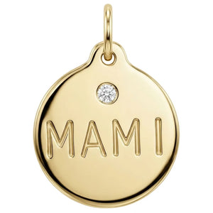 Gold pendant with 'MAMI' engraving and a diamond on a white background