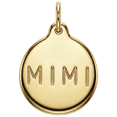 Gold pendant with 'MIMI' engraving on a white background
