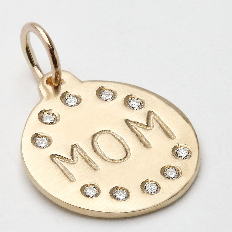 Helen Ficalora Jewelry. Mom Gold Disk Charm Pendant With Diamonds. 