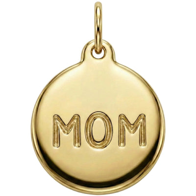 Gold pendant with 'MOM' engraving on a white background