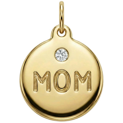 Gold pendant with 'MOM' engraving and a diamond on a white background