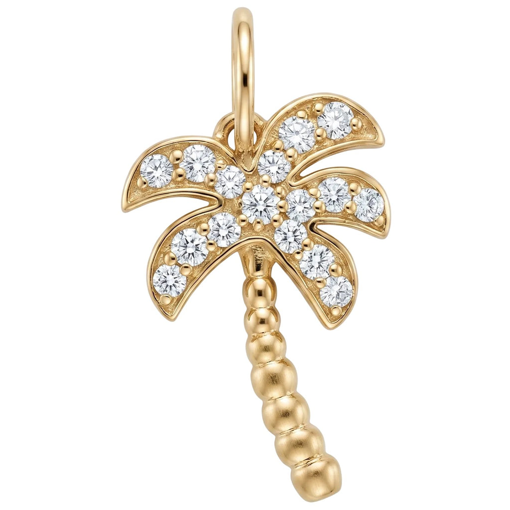 Gold palm tree pendant with diamond accents on a white background
