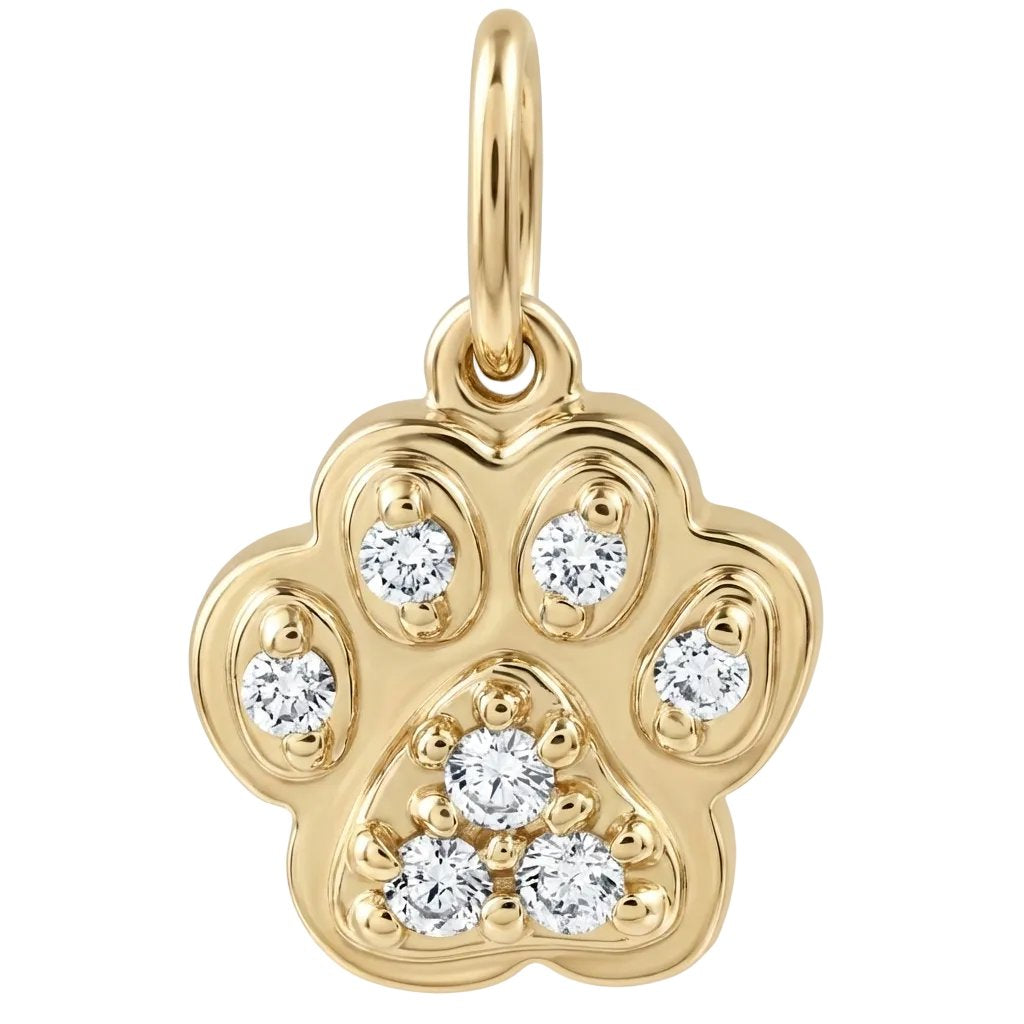 Gold paw print pendant with embedded diamonds on a white background