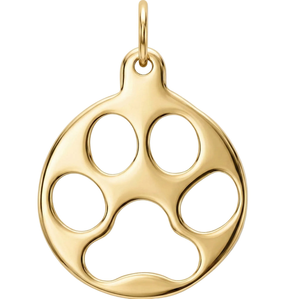Gold paw print pendant on a white background
