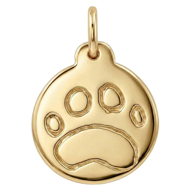 Gold pendant with a paw print design on a white background