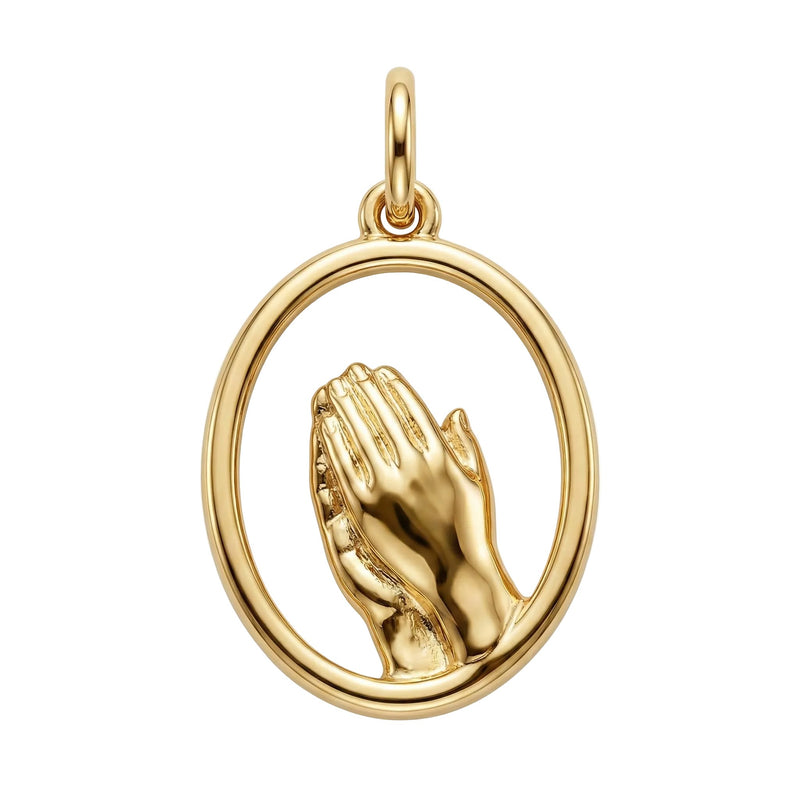 Gold pendant with a design of clasped hands on a white background