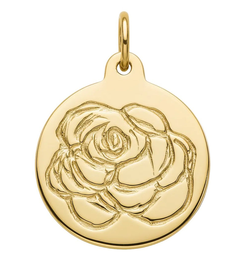 Gold pendant with a rose design on a white background
