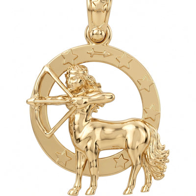A gold-toned astrology pendant featuring the Libra zodiac sign, depicting a Libra archer within a circular astrological wheel decorated with stars.