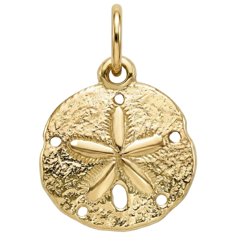 Gold sand dollar pendant on a white background