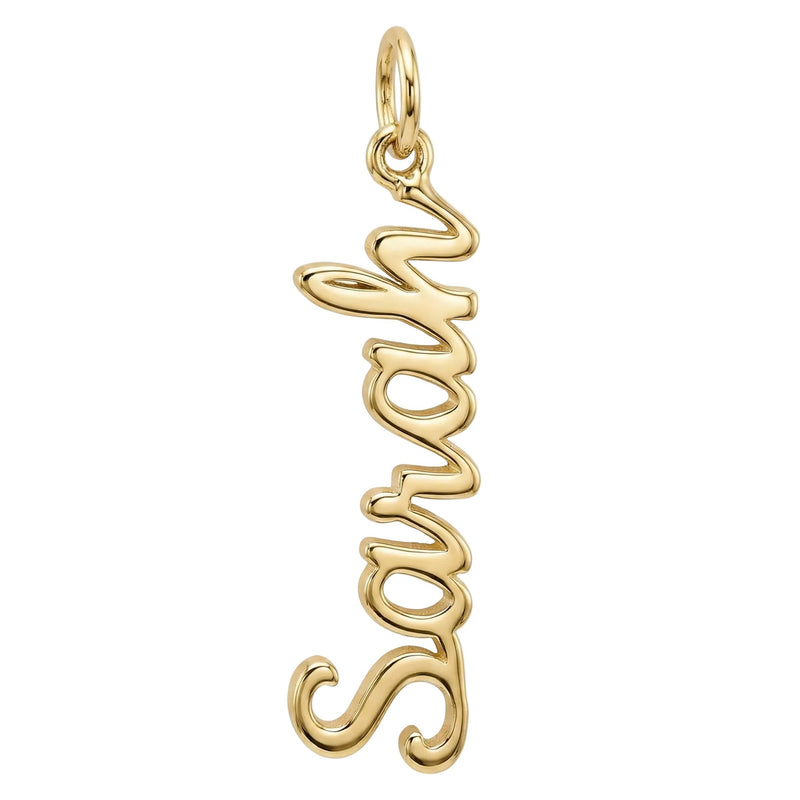Gold pendant with 'Sara' in cursive on a white background